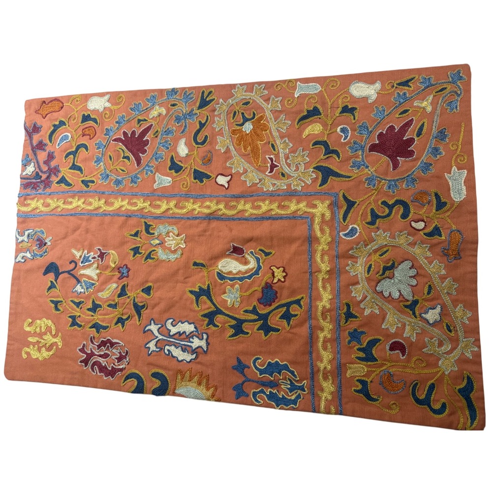 Pottery Barn Lowen Suzani Embroidered Lumbar Pillow Cover 20x30 Orange Multi